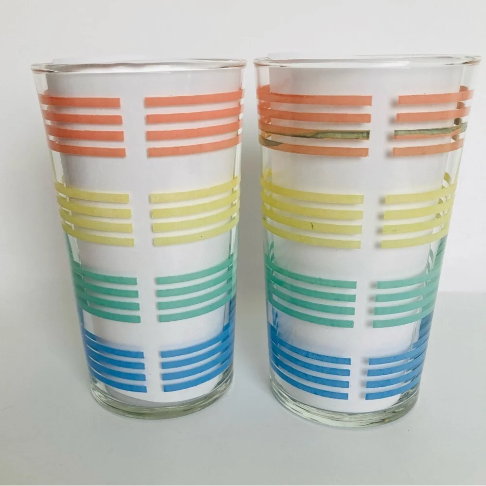 Pastel Striped Bands Tumbler Glasses Vintage MacBeth Evans? Petalware 4 1/2